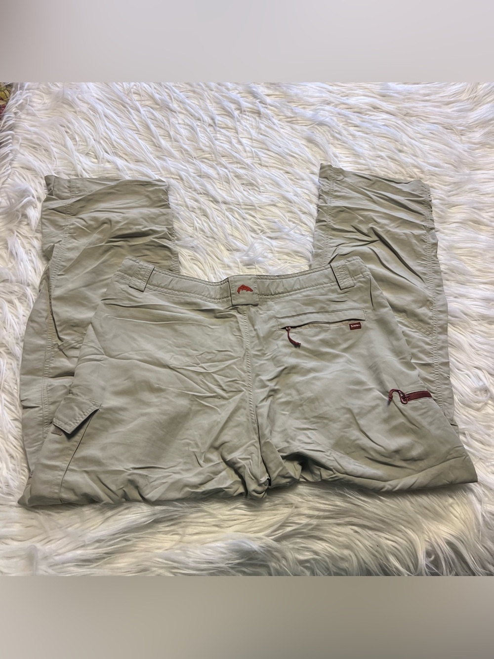 Simms Men's Light Olive Green Fishing Pants with Red Accents